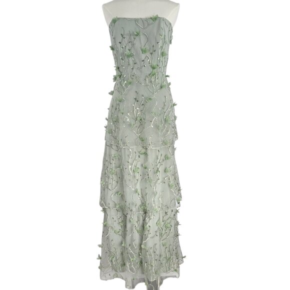 Dessy Collection Strapless Green 3D Embroidered Sequin Tiered Maxi Dress Sz 14R - Picture 2 of 14